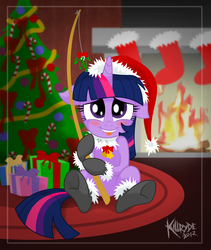 Size: 1600x1900 | Tagged: safe, artist:killryde, twilight sparkle, pony, g4, christmas tree, clothes, female, fireplace, hat, mistletoe, present, santa hat, socks, solo, tree