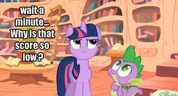 Size: 633x344 | Tagged: safe, spike, twilight sparkle, derpibooru, g4, check, eyes, fourth wall, looking up, score, votes