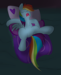 Size: 1076x1328 | Tagged: safe, artist:astaen, rainbow dash, g4, my little pony: friendship is magic, sleepless in ponyville, dark, on back, sleeping, snoring, spread legs