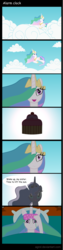 Size: 1334x5309 | Tagged: safe, artist:agrol, princess celestia, princess luna, g4, comic, cupcake, dialogue, dream, dream walker luna, sleeping