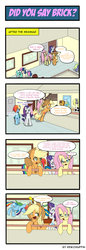 Size: 660x1914 | Tagged: safe, artist:reikomuffin, applejack, bon bon, caramel, derpy hooves, fluttershy, lyra heartstrings, rainbow dash, rarity, sassaflash, sweetie drops, earth pony, pegasus, pony, unicorn, g4, ball, brick, comic, fluttershy is not amused, glasses, pun, toy gun, unamused