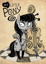 Size: 500x700 | Tagged: safe, artist:shepherd0821, octavia melody, earth pony, pony, g4, alternate hairstyle, bipedal, bow (instrument), cello, cello bow, clothes, female, mare, musical instrument, socks, solo, stockings, style emulation, tim burton