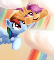 Size: 1430x1600 | Tagged: safe, artist:sokolas, rainbow dash, scootaloo, pegasus, pony, g4, sleepless in ponyville, cloud, duo, duo female, female, filly, foal, happy, holding a pony, mare, open mouth, rainbow, rainbow falls (location), scootalove