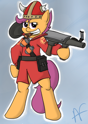 Size: 597x833 | Tagged: safe, artist:hamflo, scootaloo, g4, parody, soldier, soldier (tf2), team fortress 2