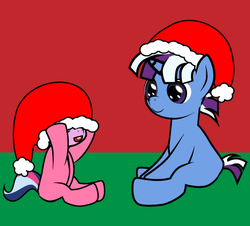 Size: 465x421 | Tagged: safe, artist:dekomaru, oc, oc only, oc:aurora, oc:nebula, pony, unicorn, tumblr:ask twixie, blank flank, brother and sister, christmas, clothes, colt, cute, female, filly, hat, magical lesbian spawn, male, offspring, onesie, pajamas, parent:trixie, parent:twilight sparkle, parents:twixie, santa hat