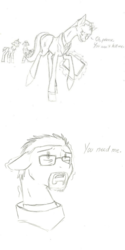 Size: 500x1000 | Tagged: safe, artist:overcharge, earth pony, pony, broken horn, business suit, bust, clothes, comic, dialogue, g-man, glasses, glowing horn, gordon freeman, half-life, horn, lineart, magic, ponified, smiling, smirk, suitcase, telekinesis