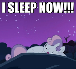 Size: 466x424 | Tagged: safe, edit, edited screencap, screencap, sweetie belle, pony, unicorn, g4, sleepless in ponyville, campfire song, caption, female, filly, image macro, sleeping, solo, text, the lost skeleton of cadavra