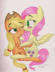 Size: 600x774 | Tagged: dead source, safe, artist:britishgardensnake, applejack, fluttershy, g4, deviantart watermark, female, lesbian, obtrusive watermark, painting, ship:appleshy, shipping, watermark