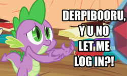 Size: 500x297 | Tagged: safe, spike, derpibooru, g4, image macro, meta, y u no