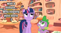 Size: 633x344 | Tagged: safe, spike, twilight sparkle, derpibooru, g4, check, eyes, fourth wall, image macro, score