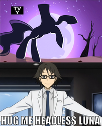 Size: 518x638 | Tagged: safe, princess luna, the headless horse, headless horse, human, g4, anime, durarara, glasses, headless, image macro, shinra kishitani, tv rating