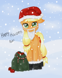 Size: 1200x1500 | Tagged: safe, artist:ratofdrawn, applejack, earth pony, pony, g4, bag, beard, boots, female, santa claus, snow, snowfall, solo