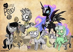 Size: 1000x706 | Tagged: safe, artist:shepherd0821, derpy hooves, lyra heartstrings, nightmare moon, octavia melody, zecora, pegasus, pony, zebra, g4, female, mare, style emulation, tim burton