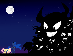 Size: 1200x910 | Tagged: safe, artist:secret-pony, fluttershy, princess luna, g4, mare in the moon, monster, moon, night