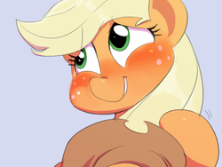 Size: 640x480 | Tagged: safe, artist:sunibee, applejack, earth pony, pony, g4, applejack's hat, blushing, cowboy hat, fanning, female, freckles, hat, mare, shy, shy smile, simple background, smiling, solo