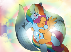 Size: 3453x2521 | Tagged: safe, artist:v-d-k, rainbow dash, scootaloo, pegasus, pony, g4, blushing, crying, duo, duo female, eyes closed, female, hug, looking at someone, scootalove, tears of joy