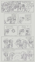 Size: 1078x1920 | Tagged: safe, artist:airship-king, applejack, fluttershy, pinkie pie, rainbow dash, rarity, twilight sparkle, pony, ask brainy twilight, g4, brain, brain in a jar, brainy twilight, comic, mane six, monochrome, sparks, traditional art