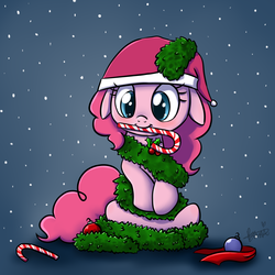 Size: 1000x1000 | Tagged: safe, artist:maplesunrise, pinkie pie, earth pony, pony, ask snuggle pie, g4, candy, candy cane, christmas, christmas ornament, decoration, female, food, hat, holly, mouth hold, ornament, santa hat, snow, snowfall, solo, tinsel