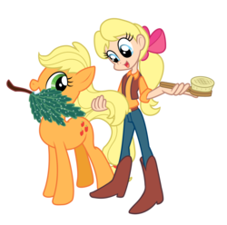 Size: 1990x1976 | Tagged: safe, artist:trinityinyang, applejack, megan williams, human, g1, g4, brushie, g1 to g4, generation leap, simple background, square crossover, transparent background