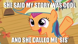 Size: 1024x576 | Tagged: safe, scootaloo, g4, cool story bro, image macro, meta