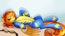 Size: 1920x1080 | Tagged: safe, artist:spittfireart, edit, spitfire, pegasus, pony, g4, bedroom eyes, belly, chest fluff, dreamworks face, female, lidded eyes, lying down, mare, on back, seductive, seductive look, seductive pose, sexy, solo, stupid sexy spitfire, wallpaper, wonderbolts uniform