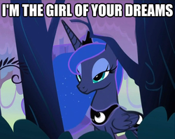 Size: 625x494 | Tagged: safe, edit, edited screencap, screencap, princess luna, alicorn, pony, g4, sleepless in ponyville, bedroom eyes, blinking, bronybait, crown, dream walker luna, ethereal mane, eyeshadow, female, flowing mane, forest, image macro, jewelry, makeup, mare, moonbutt, peytral, praise the moon, pun, regalia, smiling, solo, starry mane, stupid sexy princess luna, sweet dreams fuel, text