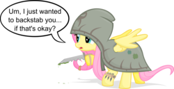 Size: 6484x3312 | Tagged: safe, artist:jittery-the-dragon, fluttershy, pony, g4, absurd resolution, blood, clothes, cute, female, hoodie, if that's okay with you, knife, pathfinder, rogue, shyabetes, simple background, solo, transparent background, vector