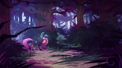 Size: 1920x1080 | Tagged: safe, artist:cmaggot, fluttershy, pegasus, pony, g4, bunny ears, clothes, costume, cute, dangerous mission outfit, everfree forest, female, forest, goggles, hoodie, mare, messy mane, shadows, shyabetes, solo