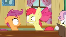 Size: 1280x720 | Tagged: safe, screencap, apple bloom, scootaloo, sweetie belle, earth pony, pegasus, pony, unicorn, g4, hearts and hooves day (episode), season 2, apple bloom's bow, book, bow, chaos, curtains, cutie mark crusaders, female, filly, foal, hair bow, hearts and hooves day, trio, wide eyes, window