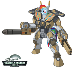 Size: 900x844 | Tagged: safe, artist:sh2otingstar, rainbow dash, pony, tau, g4, battle suit, bipedal, crossover, dual wield, female, flamethrower, gun, mare, plasma gun, science fiction, simple background, solo, tau empire, transparent background, warhammer (game), warhammer 40k, weapon, xv22 stealthsuit