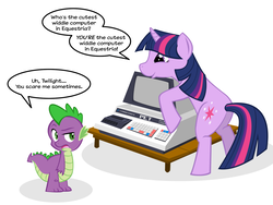 Size: 1600x1200 | Tagged: safe, artist:grilledcat, spike, twilight sparkle, dragon, pony, unicorn, g4, butt, commodore pet, computer, crt, female, male, mare, photoshop, plot, simple background, unicorn twilight