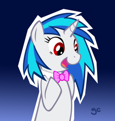 Size: 1121x1184 | Tagged: safe, artist:grilledcat, dj pon-3, vinyl scratch, pony, unicorn, g4, bowtie, female, gradient background, mare, photoshop, red eyes, solo, wrong eye color