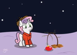 Size: 1000x720 | Tagged: safe, artist:grilledcat, sweetie belle, pony, unicorn, g4, adobe imageready, christmas tree, clothes, female, filly, foal, hat, solo, tree