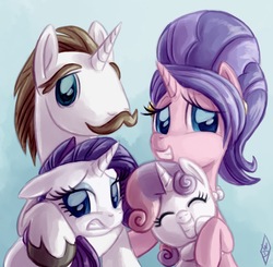 Size: 724x709 | Tagged: safe, artist:whitediamonds, cookie crumbles, hondo flanks, rarity, sweetie belle, pony, unicorn, g4, cute, earring, family, family photo, female, filly, floppy ears, grimace, male, mare, rarity's parents, ship:cookieflanks, stallion