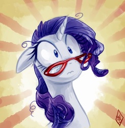 Size: 688x701 | Tagged: safe, artist:whitediamonds, rarity, pony, unicorn, g4, abstract background, bust, female, floppy ears, glasses, mare, messy mane, rarity's glasses, solo, surprise face, surprised