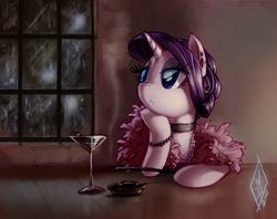 Size: 900x712 | Tagged: safe, artist:whitediamonds, rarity, pony, unicorn, g4, 1930s, alcohol, ashtray, bored, bracelet, choker, cigarette, cigarette holder, clothes, commission, dark, dress, drink, ear piercing, earring, eyeshadow, feather boa, female, frown, glass, hoof hold, jewelry, leaning, lidded eyes, looking back, looking up, makeup, mare, martini, martini glass, necklace, pearl, piercing, rain, smoke, smoking, solo, window, wine