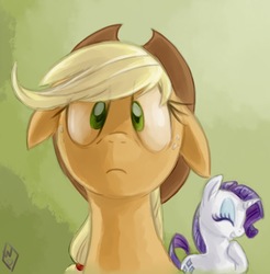 Size: 627x638 | Tagged: safe, artist:whitediamonds, applejack, rarity, earth pony, pony, unicorn, g4, applejack's hat, cowboy hat, female, floppy ears, gradient background, hat, laughing, lesbian, mare, palindrome get, ship:rarijack, shipping