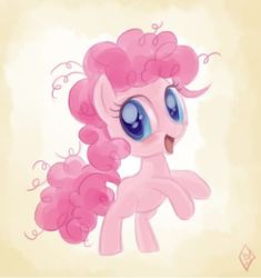 Size: 587x625 | Tagged: safe, artist:whitediamonds, pinkie pie, earth pony, pony, g4, cute, female, filly, foal, gradient background, happy, looking at you, open mouth, open smile, rearing, smiling, solo