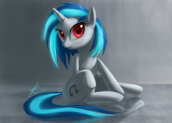 Size: 1208x863 | Tagged: safe, artist:grissaecrim, dj pon-3, vinyl scratch, pony, unicorn, female, glowing mane, looking at you, mare, photoshop, red eyes, sitting, solo