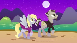 Size: 1366x768 | Tagged: safe, artist:lissystrata, derpy hooves, earth pony, pegasus, pony, g4, ascot tie, blazer, clothes, doctor who, dress, facial hair, female, flower, flower in hair, gala, gala dress, male, mare, night, photoshop, ponified, roger delgado, stallion, the master, the unit master