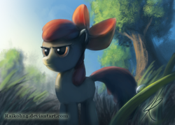 Size: 700x500 | Tagged: dead source, safe, artist:grissaecrim, apple bloom, earth pony, pony, g4, female, filly, grass, photoshop, serious face, solo, tree