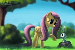 Size: 1080x720 | Tagged: safe, artist:grissaecrim, angel bunny, fluttershy, pegasus, pony, g4, eye contact, female, grass, looking at each other, mare, raised hoof, rock
