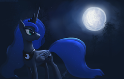 Size: 1425x908 | Tagged: safe, artist:grissaecrim, princess luna, alicorn, pony, g4, female, looking back, mare, moon, night, smiling, solo