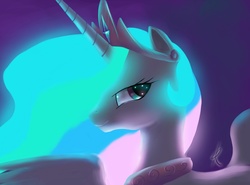 Size: 1120x829 | Tagged: dead source, safe, artist:grissaecrim, princess celestia, alicorn, pony, g4, bust, female, glowing, glowing mane, mare, photoshop, portrait, profile, solo