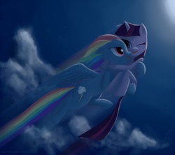 Size: 1480x1315 | Tagged: dead source, safe, artist:grissaecrim, rainbow dash, twilight sparkle, pegasus, pony, unicorn, g4, bridal carry, carrying, cloud, cloudy, female, flying, lesbian, mare, moon, night, open mouth, paint tool sai, ship:twidash, shipping, sky