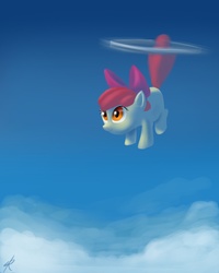 Size: 1120x1400 | Tagged: dead source, safe, artist:grissaecrim, apple bloom, earth pony, pony, g4, applecopter, female, filly, flying, loop-de-hoop, photoshop, sky, solo, tailcopter