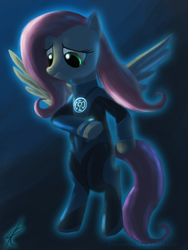 Size: 780x1040 | Tagged: safe, artist:grissaecrim, fluttershy, pegasus, pony, semi-anthro, g4, arm hooves, bipedal, blue lantern, crossover, female, gradient background, green lantern, mare, photoshop, smiling, solo, spread wings, standing, wings