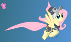 Size: 4542x2671 | Tagged: dead source, safe, artist:grissaecrim, fluttershy, private pansy, pegasus, pony, g4, adobe imageready, armor, female, flying, gradient background, mare, solo