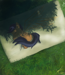 Size: 1067x1242 | Tagged: dead source, safe, artist:grissaecrim, scootaloo, pegasus, pony, g4, adobe imageready, female, filly, grass, high angle, photoshop, sleeping, solo, wings