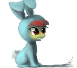 Size: 870x768 | Tagged: dead source, safe, artist:grissaecrim, apple bloom, earth pony, pony, g4, bunny bloom, bunny costume, clothes, female, filly, simple background, sitting, solo, white background